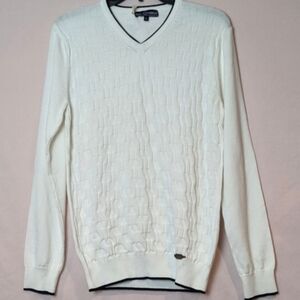 Paul Parker Off White Weave Textured Knit V Neck Pullover Sweater size Small